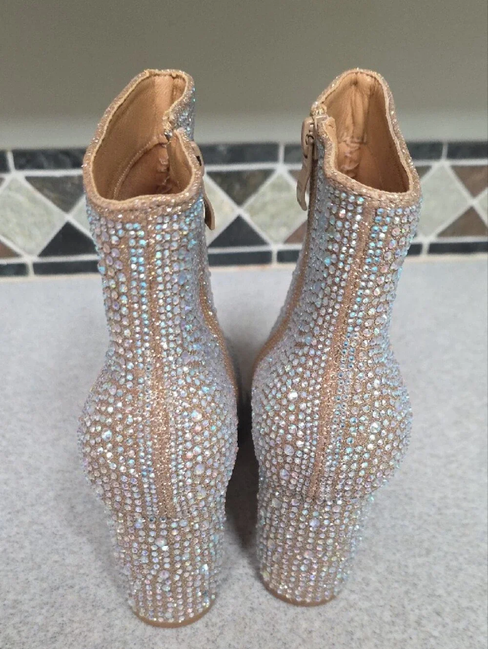 Crystal Embellished Nude Pointed Toe Ankle Boots - Women